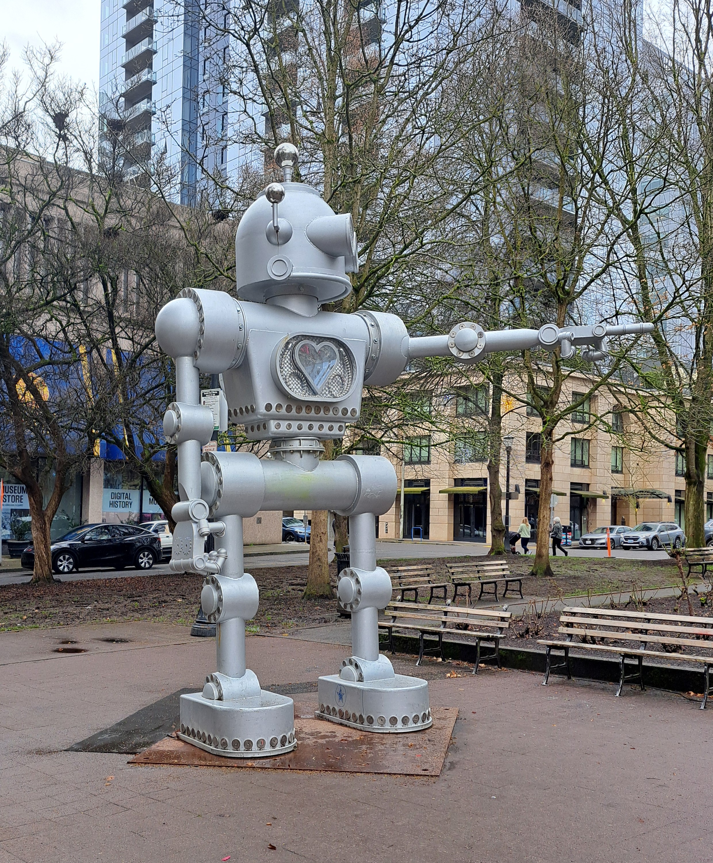 Portland Robot Sculpture with a heart